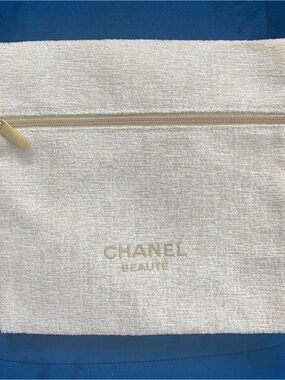 CHANEL Beige Beauté Cosmetic Pouch with Gold Accents